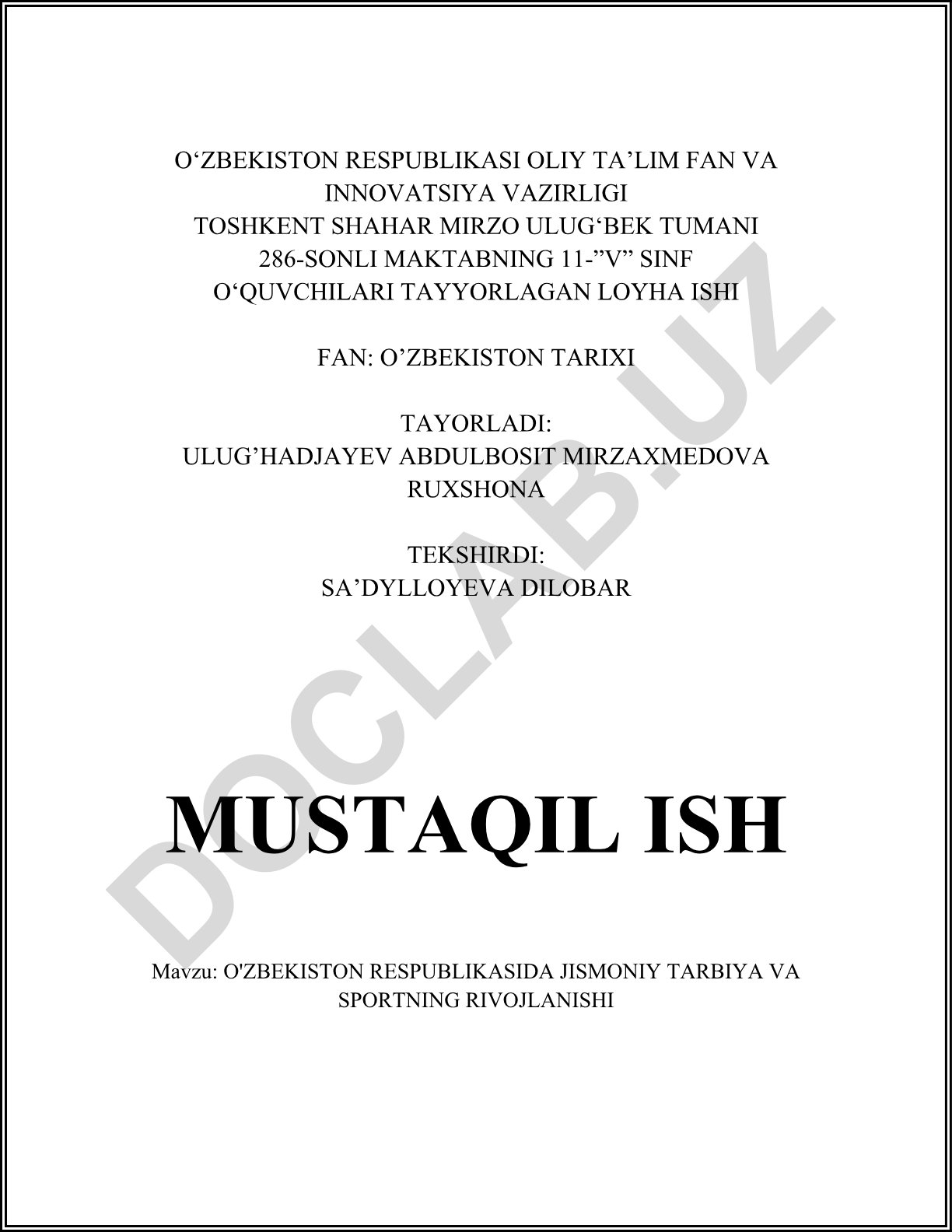 O'zbekiston Respublikasida jismoniy tarbiya va sportning rivojlanishi