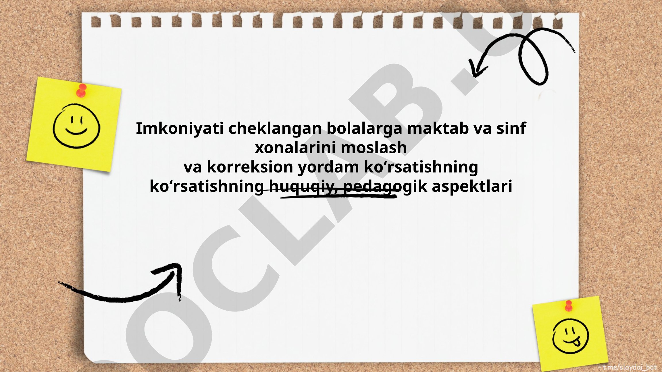 Imkoniyati cheklangan bolalarga maktab va sinf xonalarini moslash va korreksion yordam koʻrsatishning huquqiy, pedagogik aspektlari
