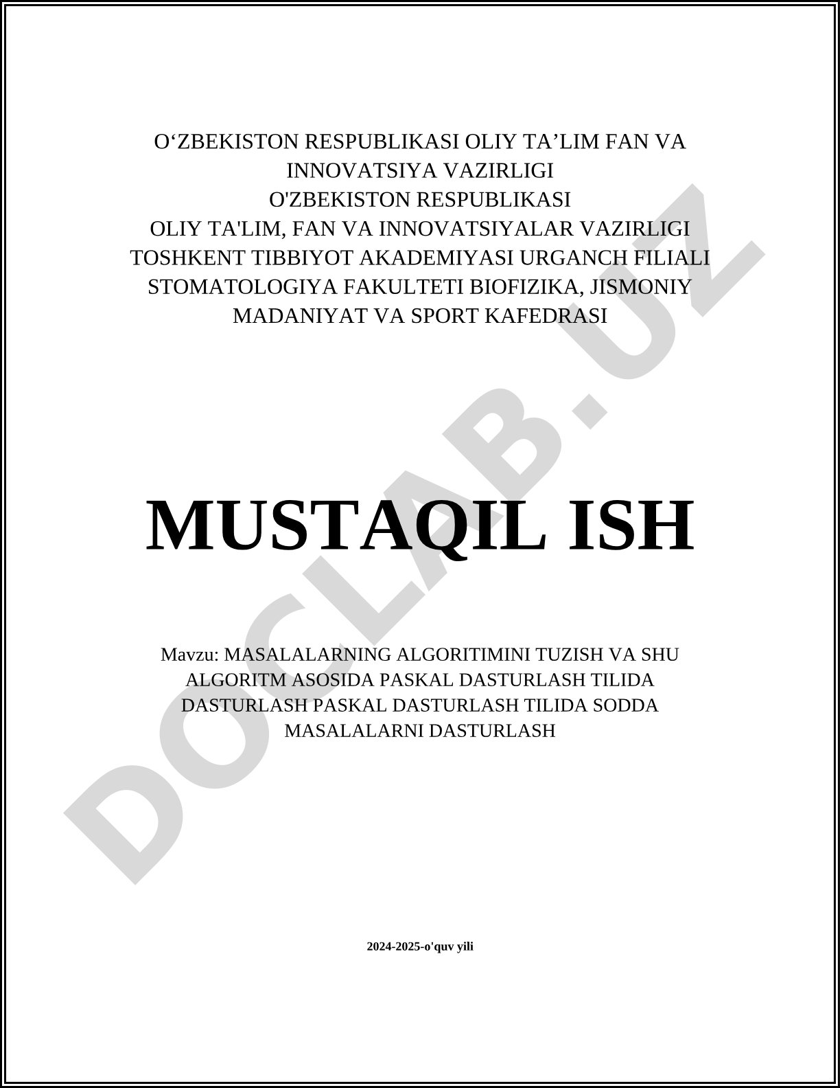 Masalalarning algoritmini tuzish va Paskal dasturlash tilida dasturlash