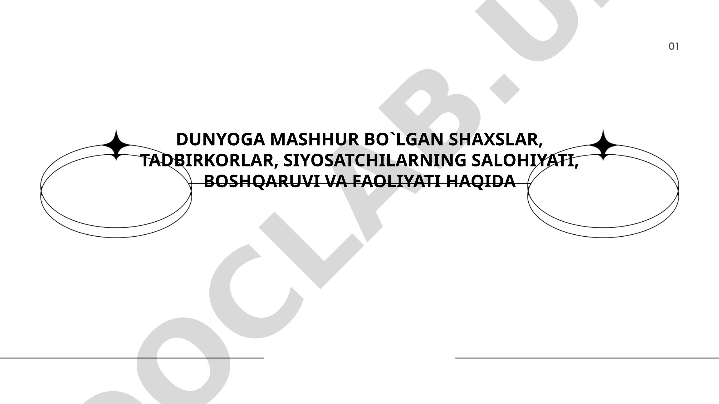 Dunyoga mashhur shaxslarning salohiyati, boshqaruvi va faoliyati