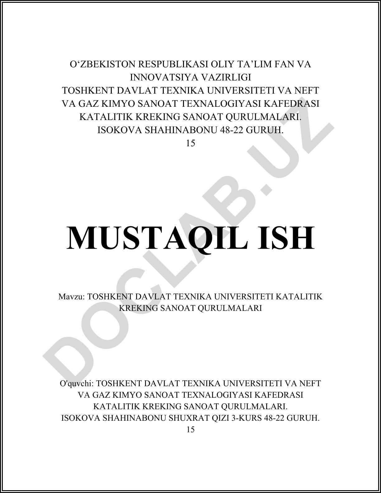 Toshkent Davlat Texnika Universiteti katalitik kreking sanoat qurilmalari