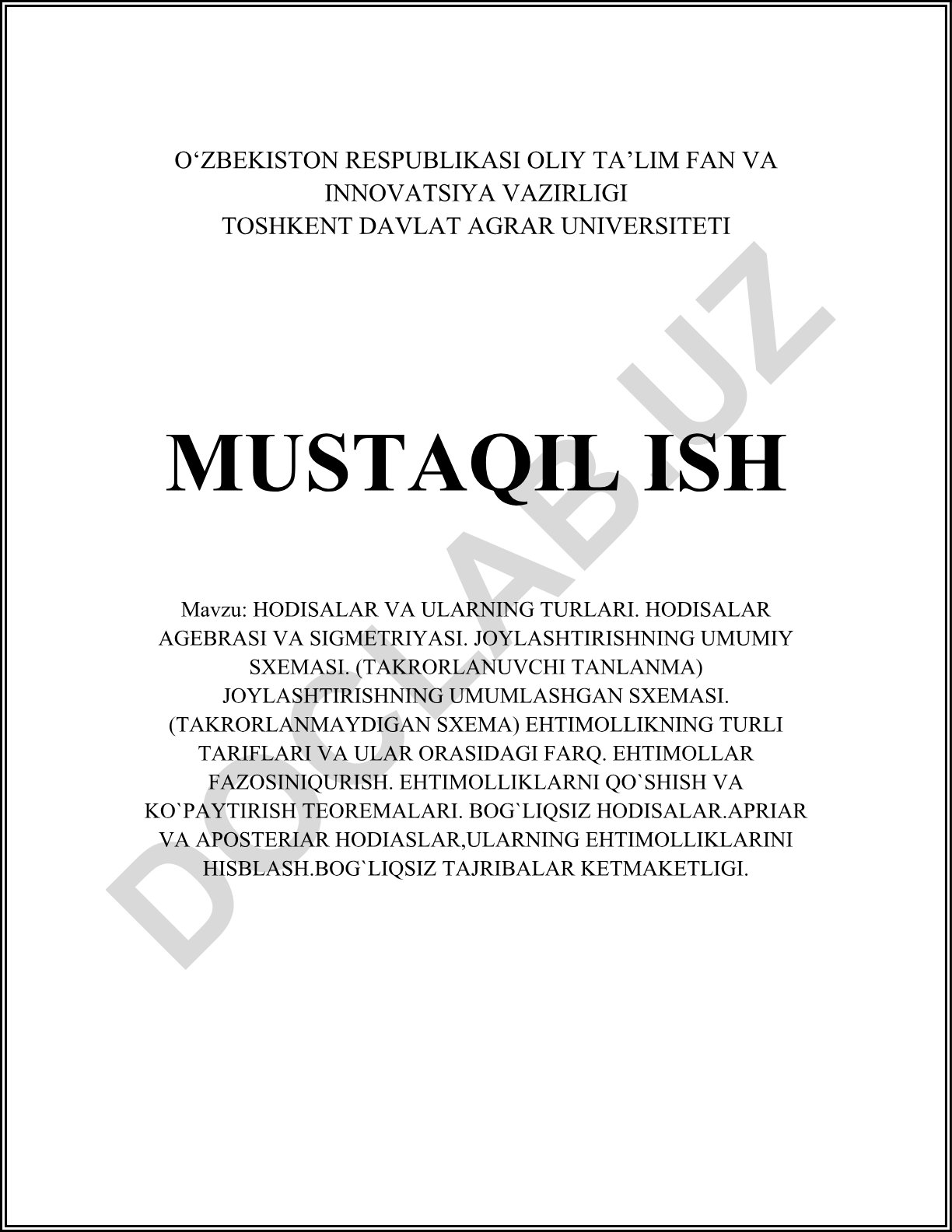 Hodisalar va ularning turlari. Hodisalar algebrasi va simmetriyasi. Joylashtirishning umumiy sxemasi