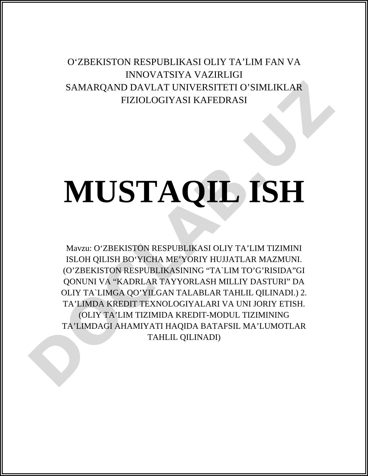 O‘zbekiston Respublikasi oliy ta’lim tizimini isloh qilish bo‘yicha me’yoriy hujjatlar mazmuni