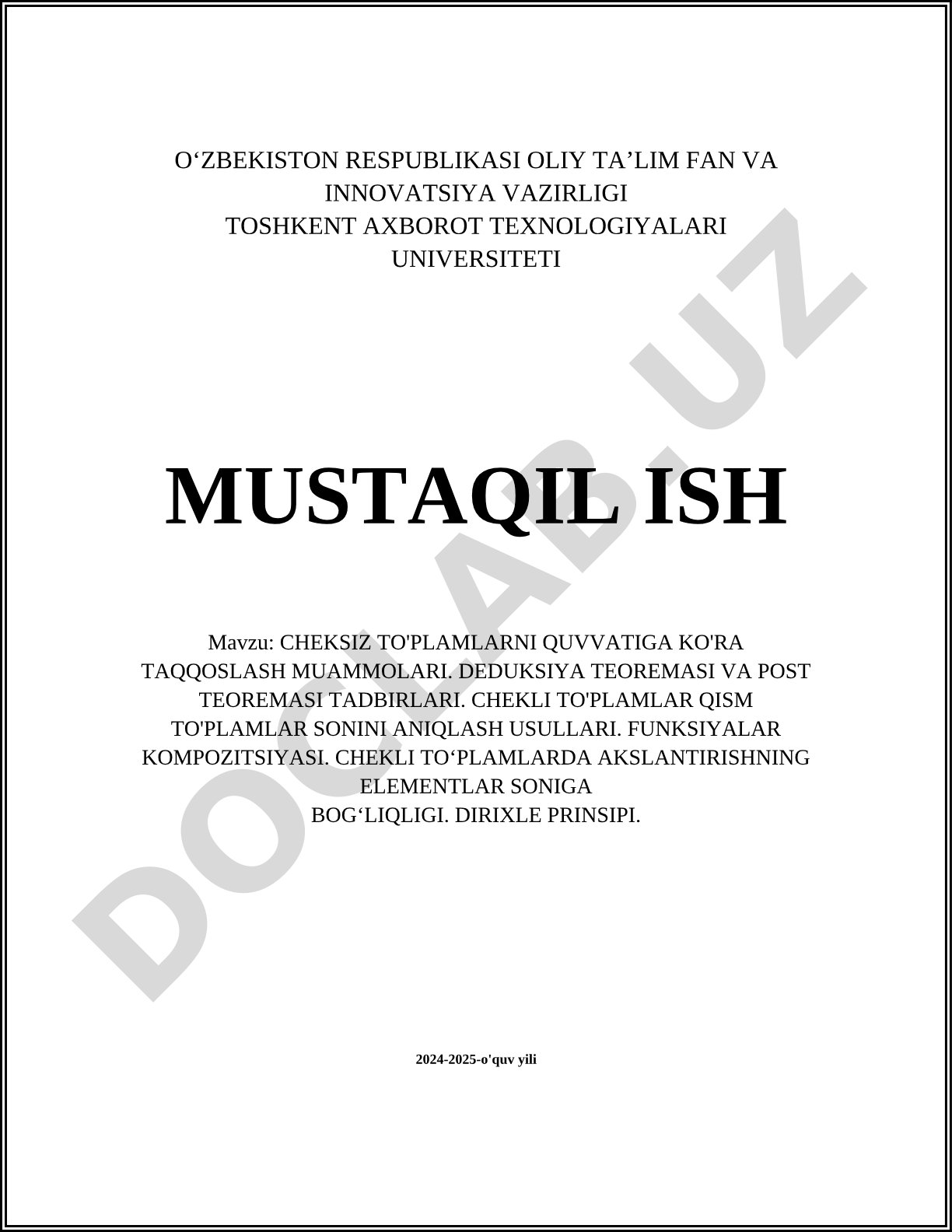 Cheksiz to'plamlarni quvvatiga ko'ra taqqoslash muammolari. Deduksiya teoremasi va Post teoremasi tadbirlari. Chekli to'plamlar qism to'plamlar sonini aniqlash usullari. Funksiyalar kompozitsiyasi. Chekli to'plamlarda akslantirishning elementlar soniga bog'liqligi. Dirixle prinsipi.