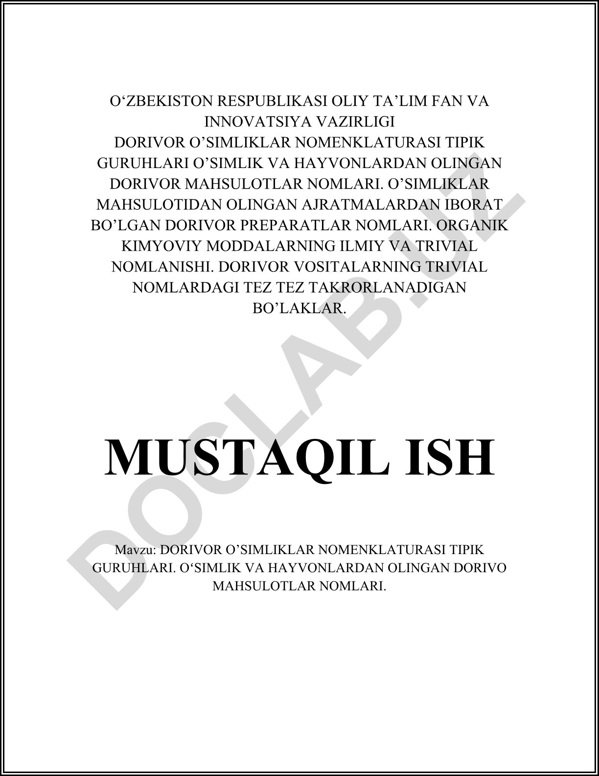 Dorivor o'simliklar nomenklaturasi tipik guruhlari va dori mahsulotlari nomlari