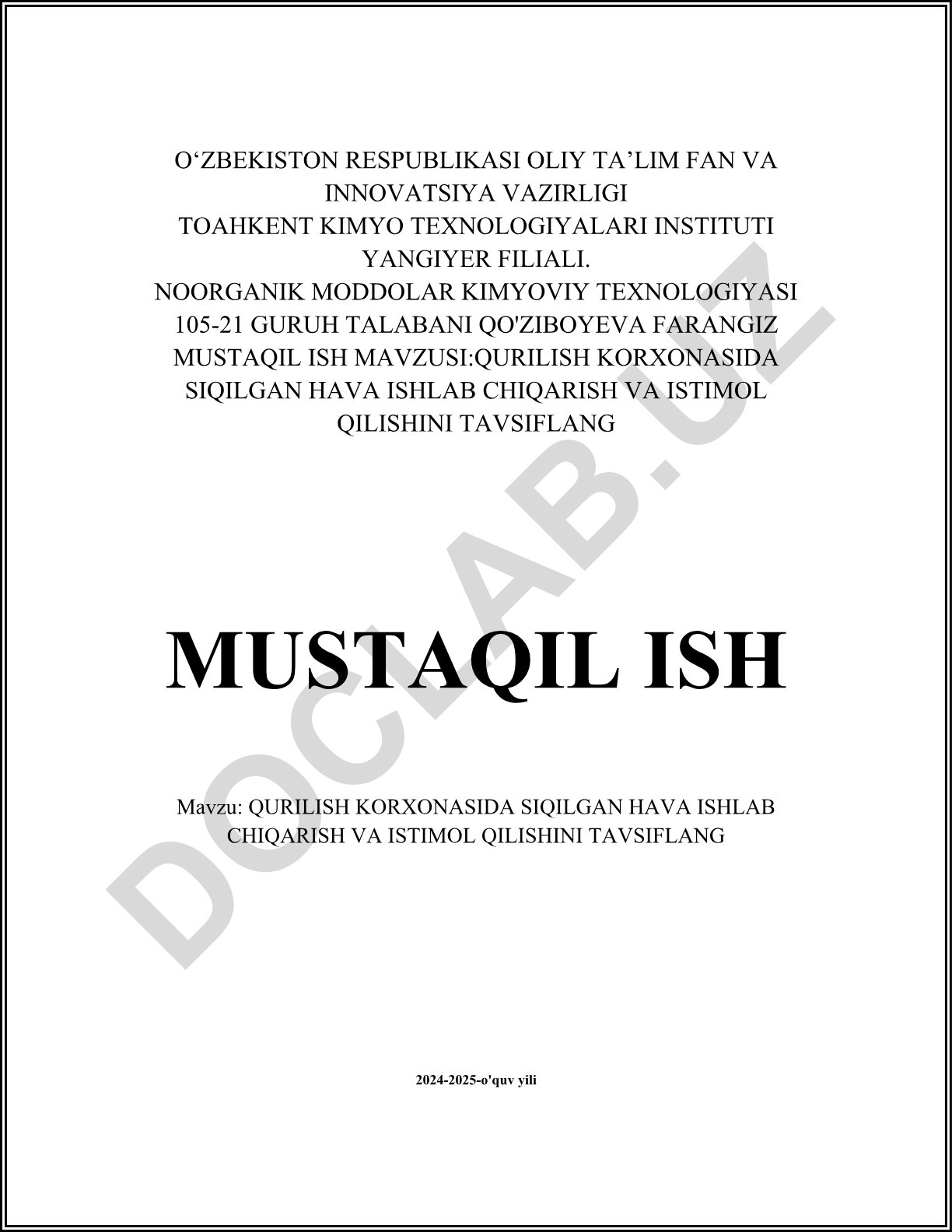 Qurilish korxonasida siqilgan havo ishlab chiqarish va istimol qilishini tavsiflash