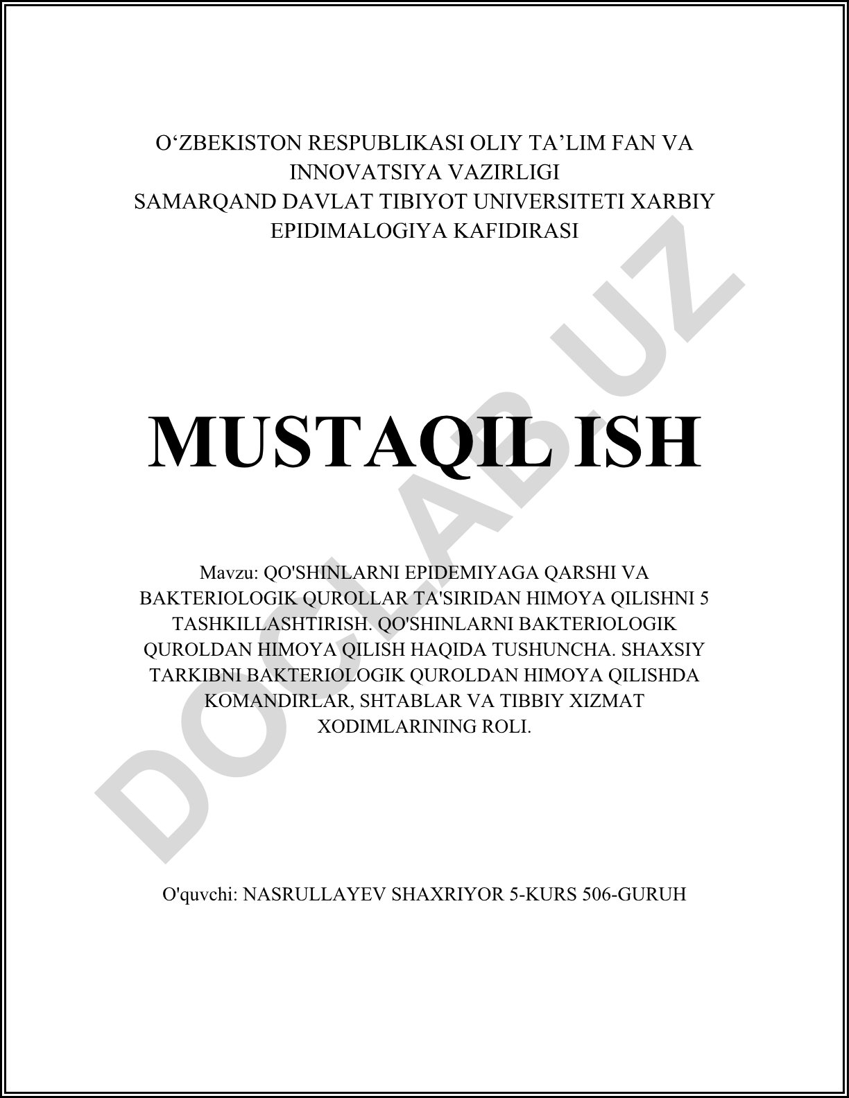 Qo'shinlarni epidemiya va bakteriologik qurollardan himoya qilishni tashkil etish