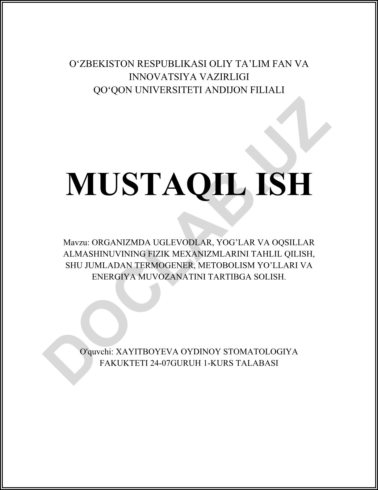 Organizmda uglevodlar, yog'lar va oqsillar almashinuvining fizik mexanizmlarini tahlil qilish