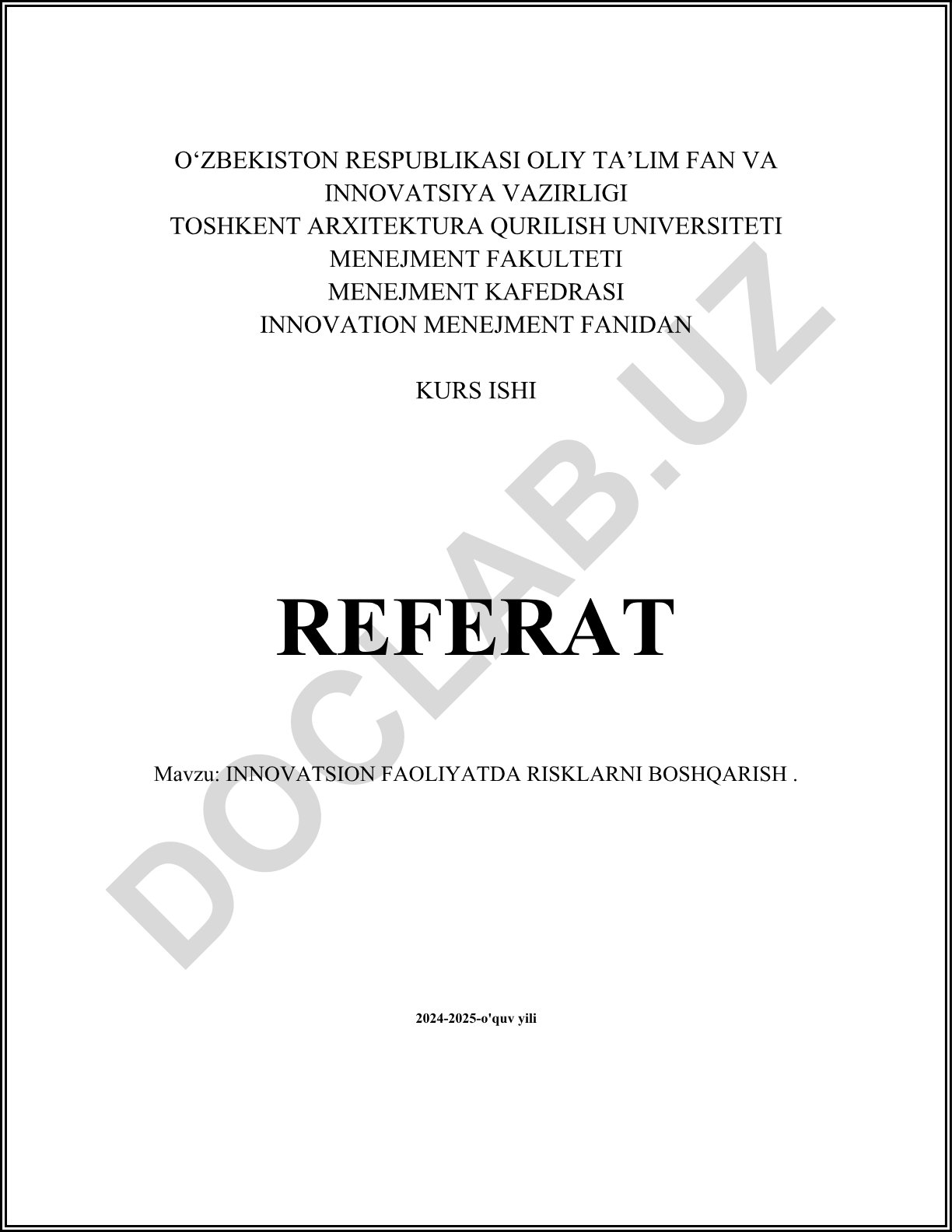 Innovatsion faoliyatda risklarni boshqarish