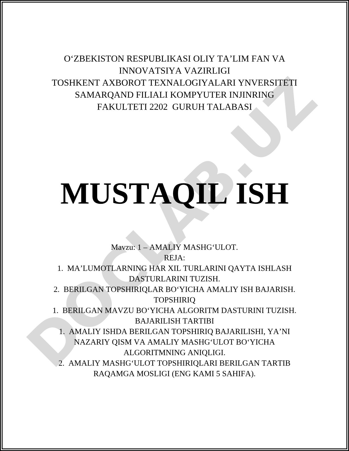 1 – Amaliy mashg‘ulot. Ma'lumotlarni tasniflash va ishlov berish