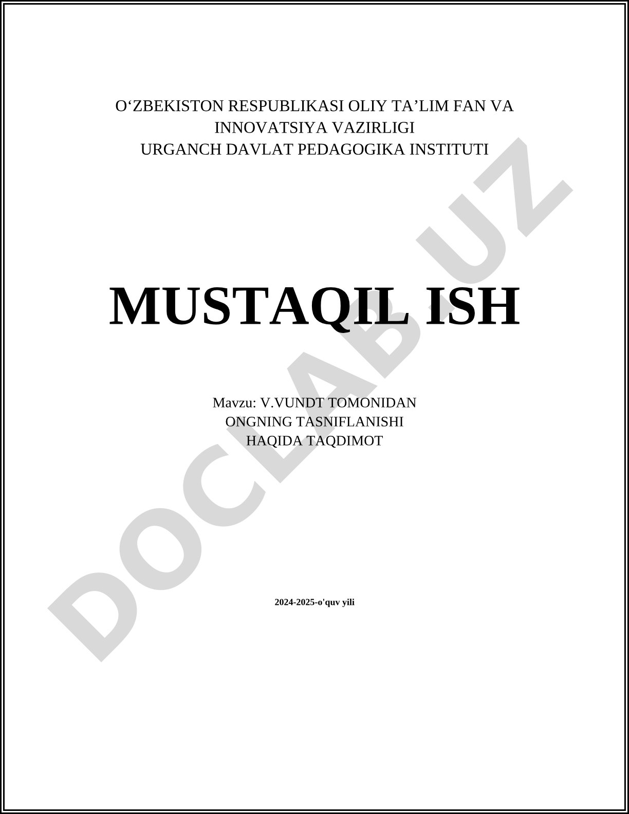 V.Vundt tomonidan ongning tasniflanishi