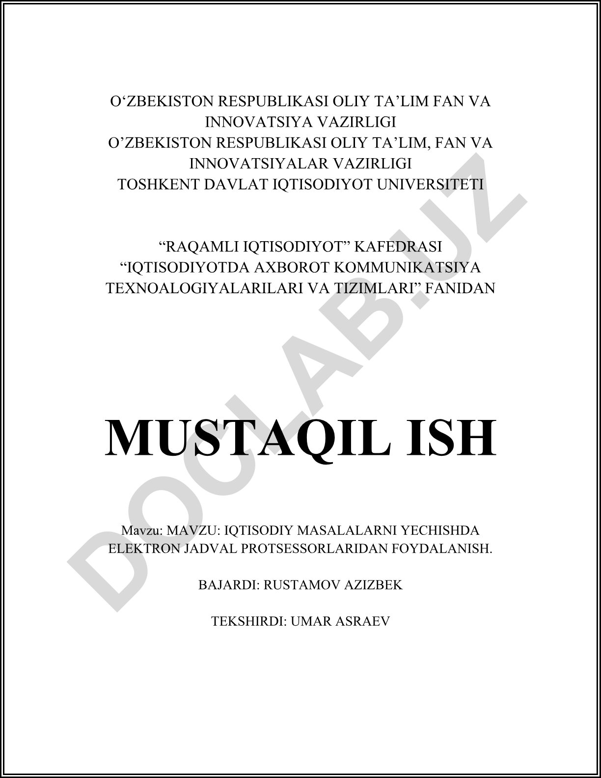 Iqtisodiy masalalarni yechishda elektron jadval protsessorlaridan foydalanish