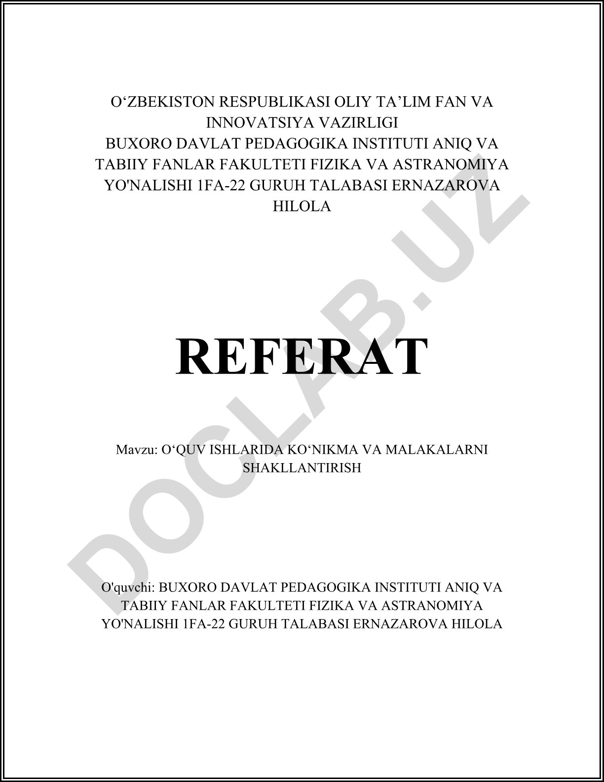 O‘quv ishlarida ko‘nikma va malakalarni shakllantirish