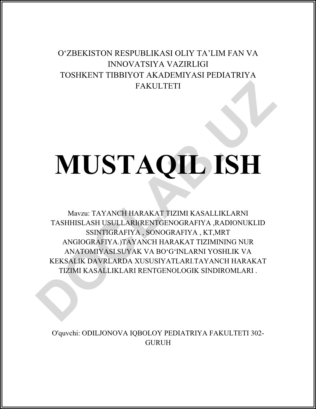 Tayanch harakat tizimi kasalliklarini tashxislash usullari va rentgenologik sindromlari