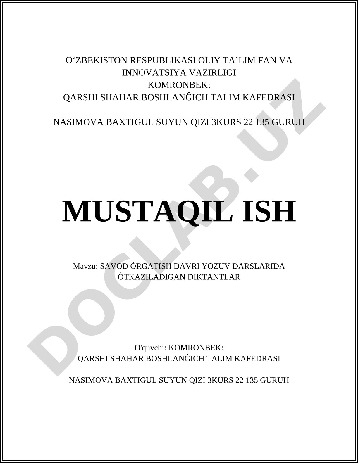 Savod o'rgatish davri yozuv darslarida o'tkaziladigan diktantlar