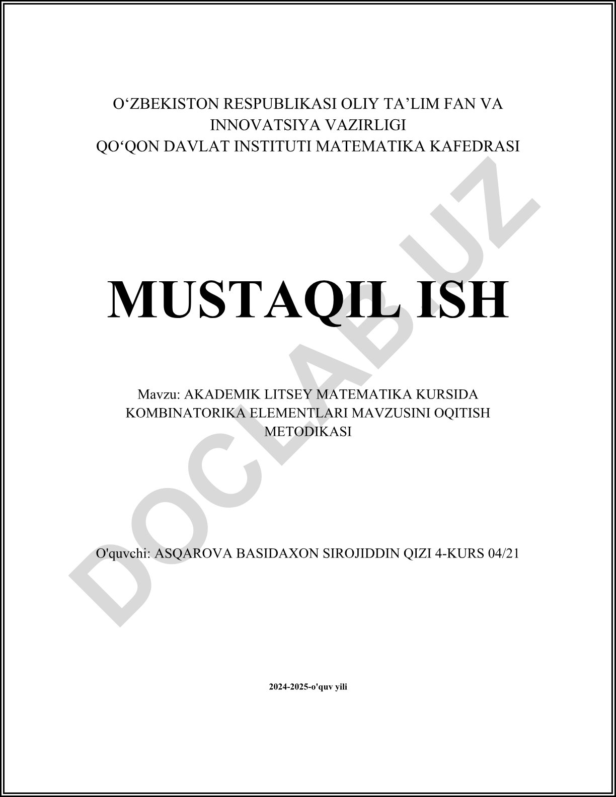Akademik litsey matematika kursida kombinatorika elementlari mavzusini o'qitish metodikasi