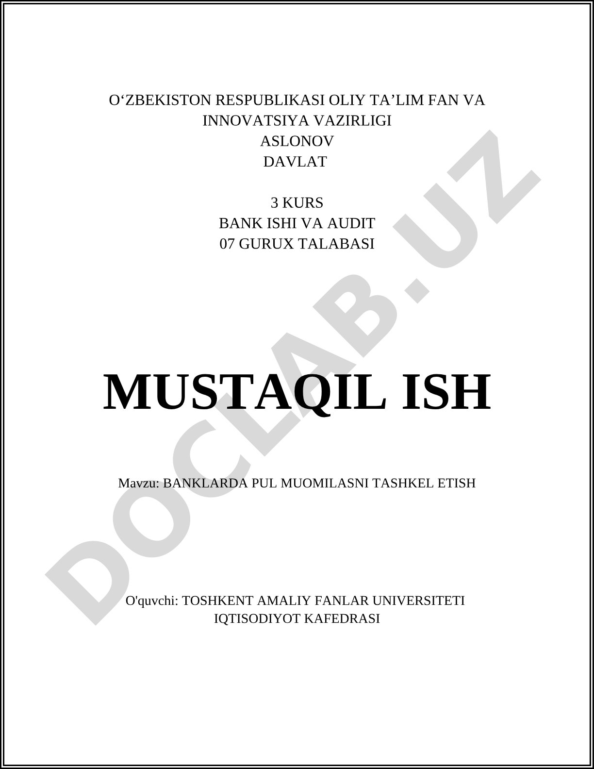 Banklarda pul muomalasini tashkil etish