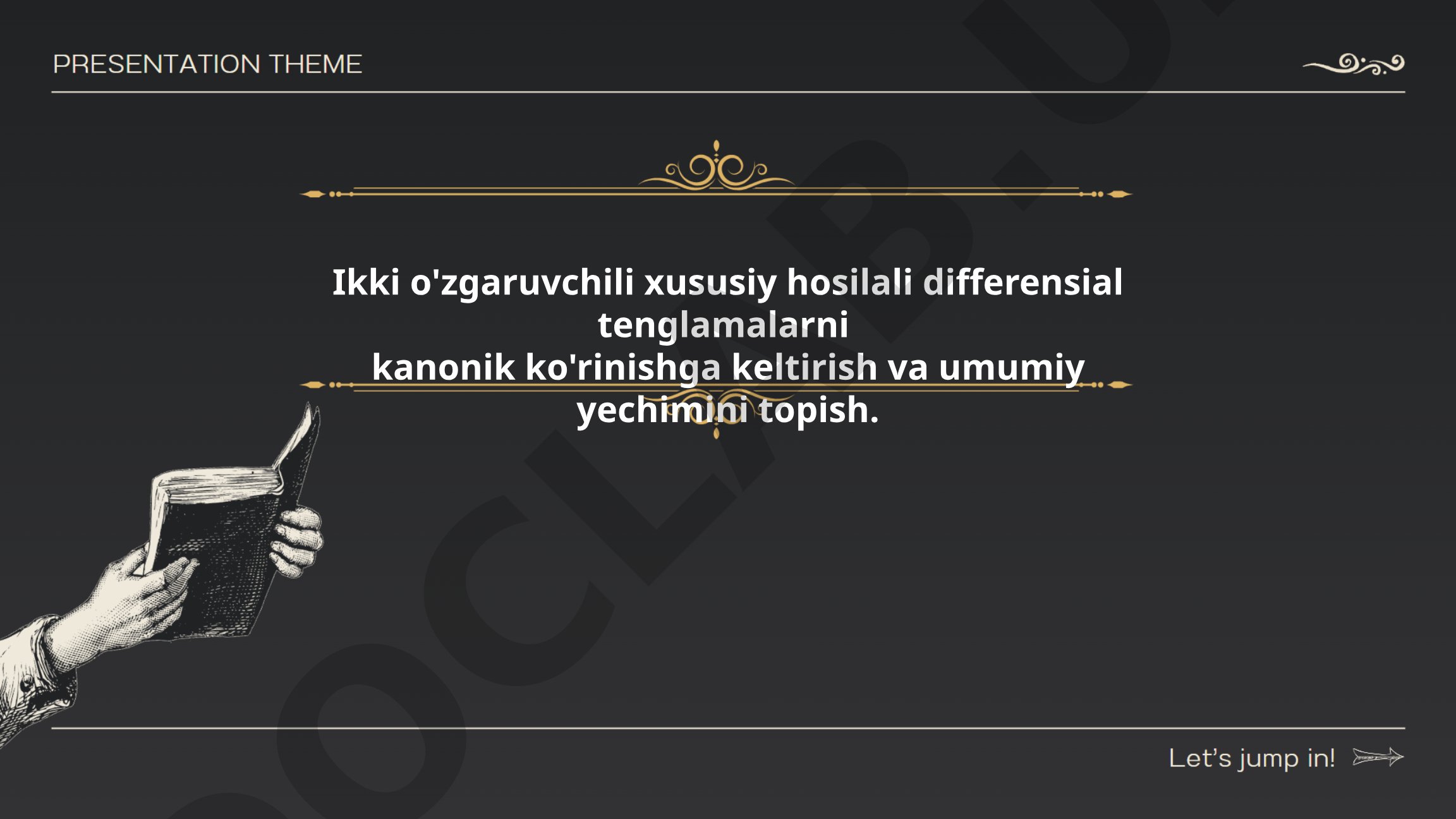 Ikki o'zgaruvchili xususiy hosilali differensial tenglamalarni kanonik ko'rinishga keltirish va umumiy yechimini topish