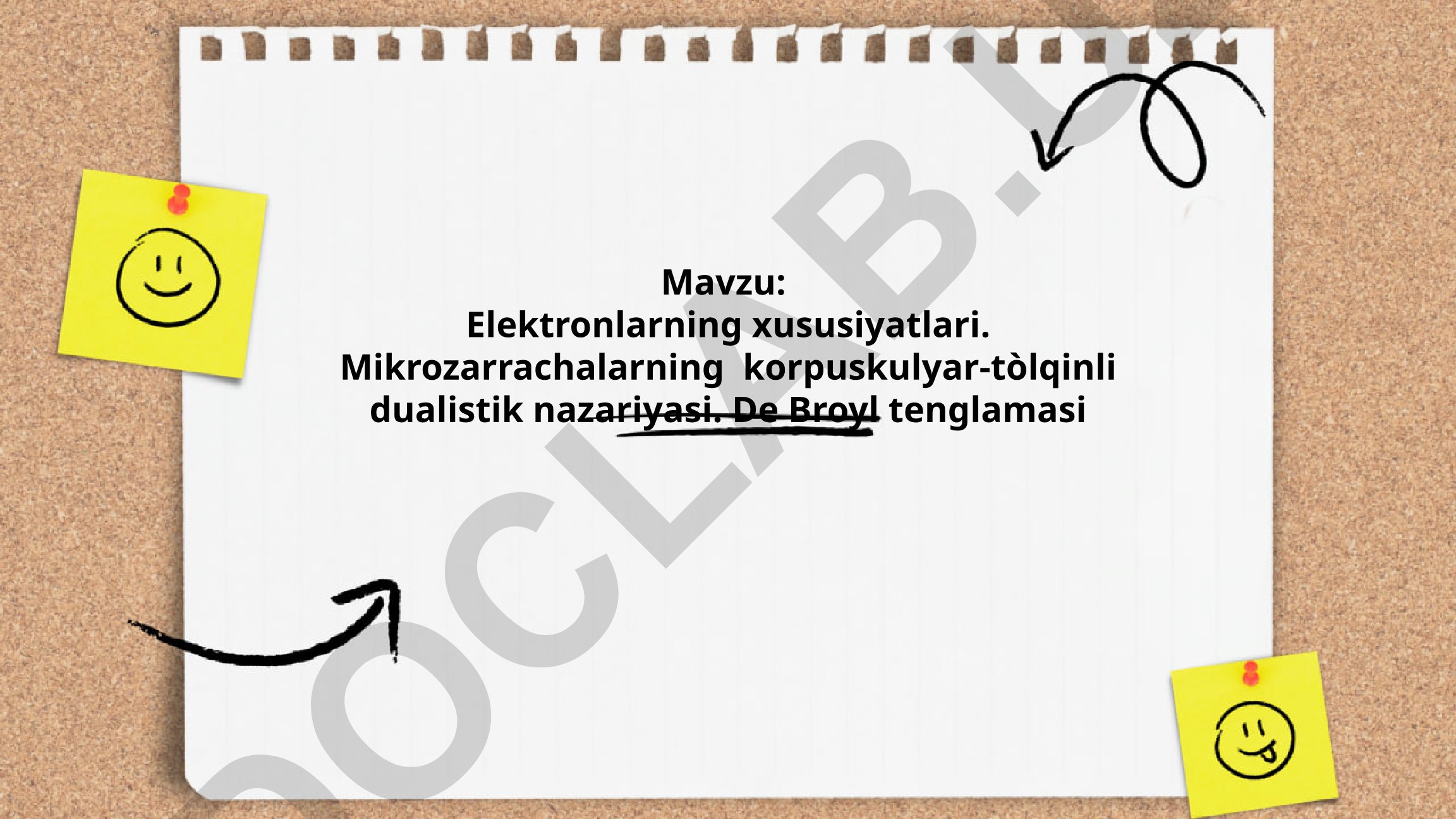 Elektronlarning xususiyatlari. Mikrozarrachalarning korpuskulyar-tòlqinli dualistik nazariyasi. De Broyl tenglamasi