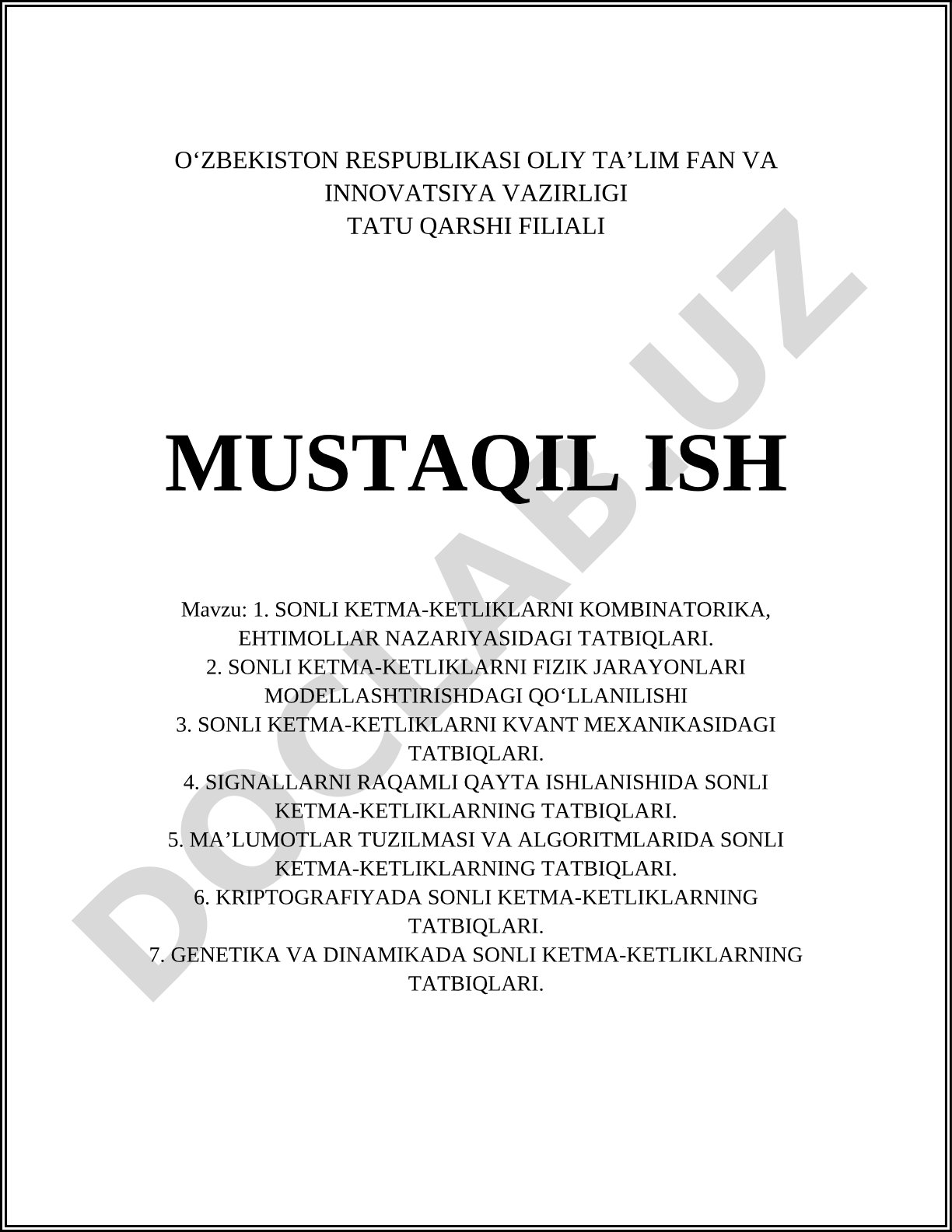 Sonli ketma-ketliklarni kombinatorika, ehtimollar nazariyasi va fizik jarayonlarni modellashtirishdagi tatbiqlari