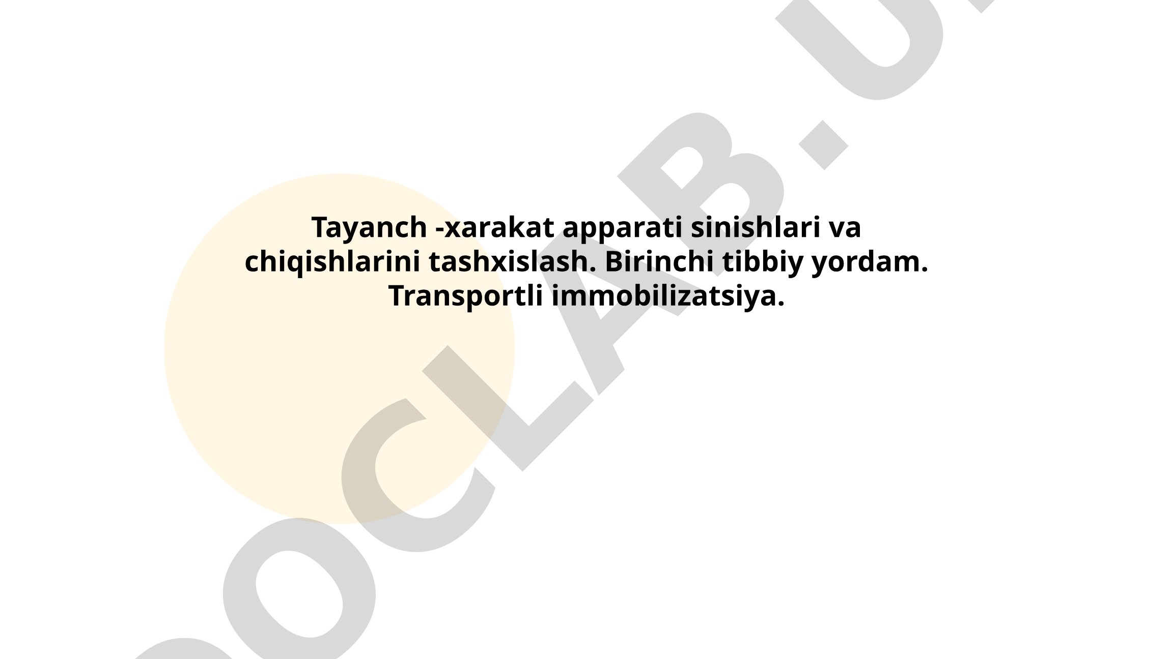 Tayanch-harakat apparati sinishlari va chiqishlarini tashxislash, birinchi tibbiy yordam, transportli immobilizatsiya