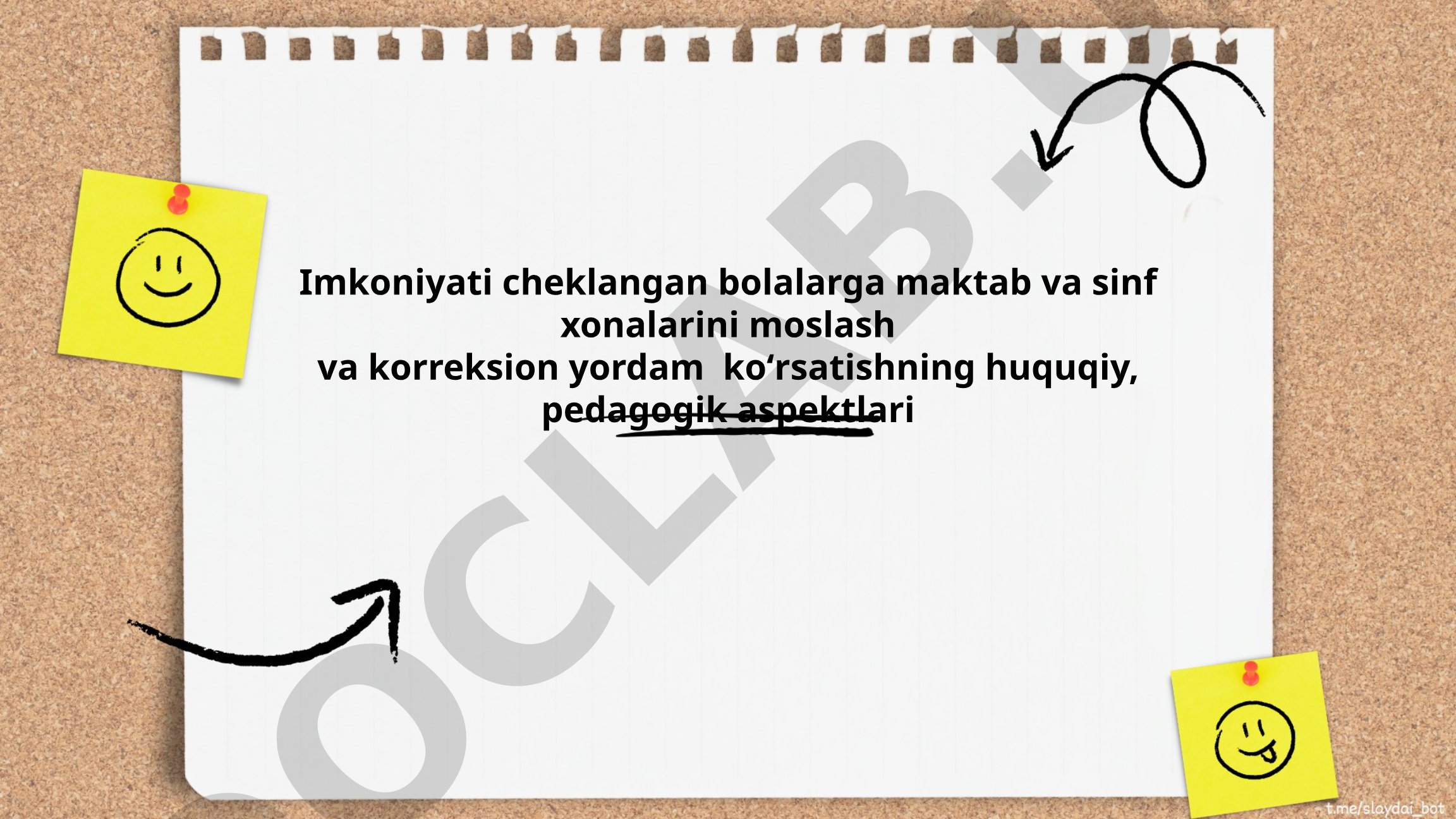 Imkoniyati cheklangan bolalarga maktab va sinf xonalarini moslash va korreksion yordam koʻrsatishning huquqiy, pedagogik aspektlari
