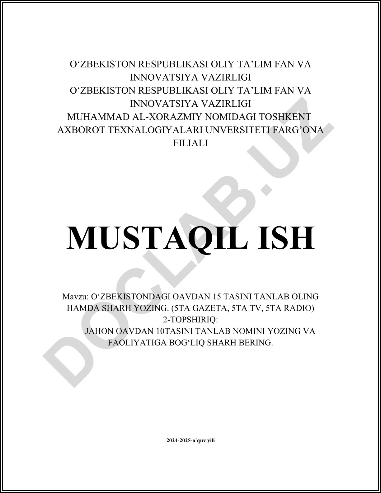 O‘zbekistondagi OAVdan 15 tasini tanlab olish va sharh yozish