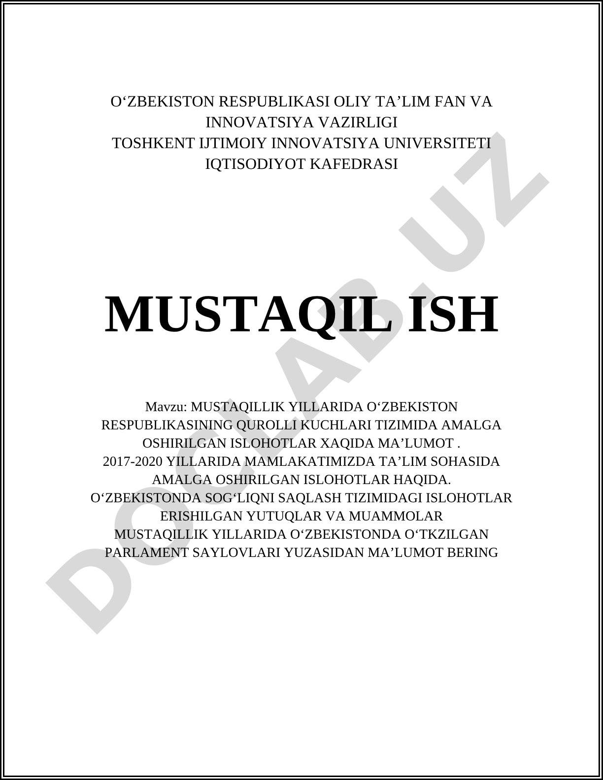 Mustaqillik yillarida Oʻzbekiston Respublikasining Qurolli Kuchlari tizimida amalga oshirilgan islohotlar