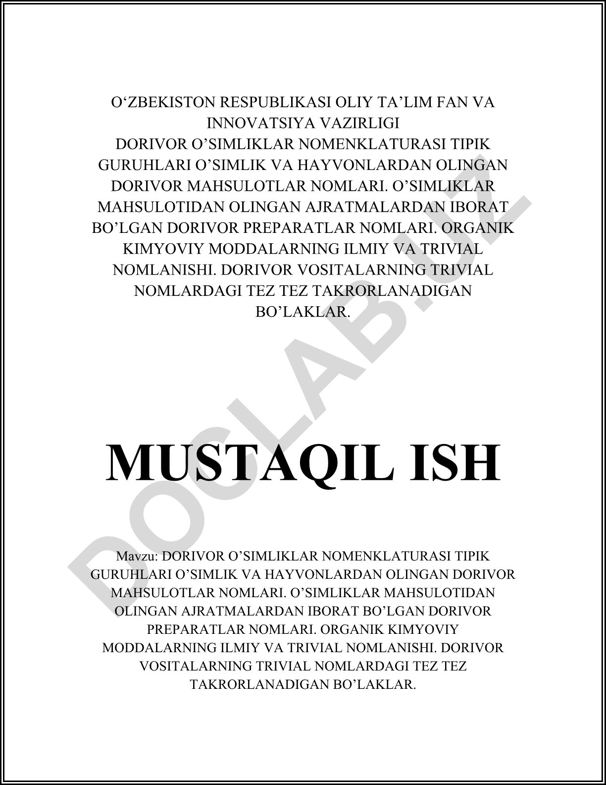 Dorivor o'simliklar nomenklaturasi tipik guruhlari va dorivor mahsulotlar nomlari