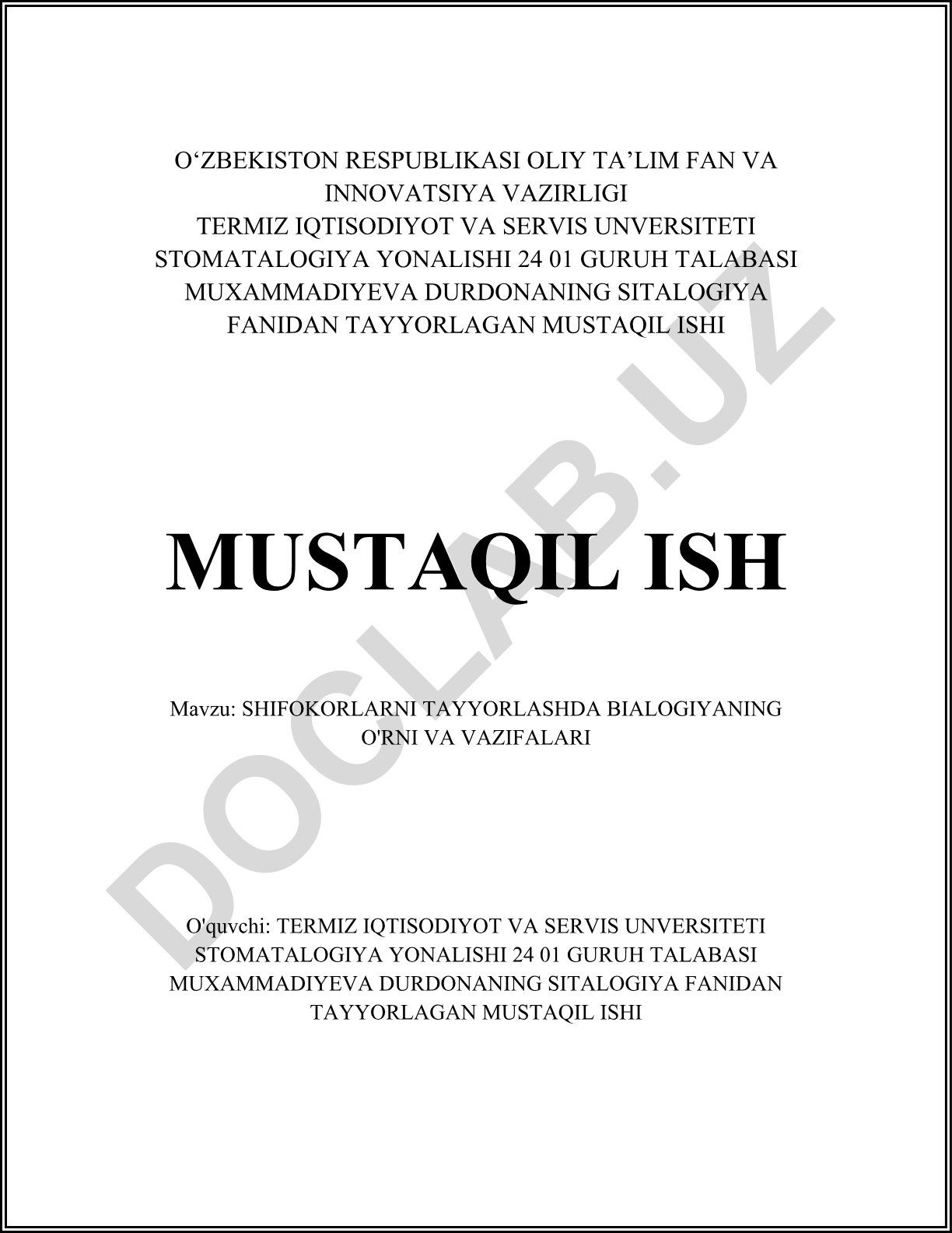 Shifokorlarni tayyorlashda biologiyaning o'rni va vazifalari