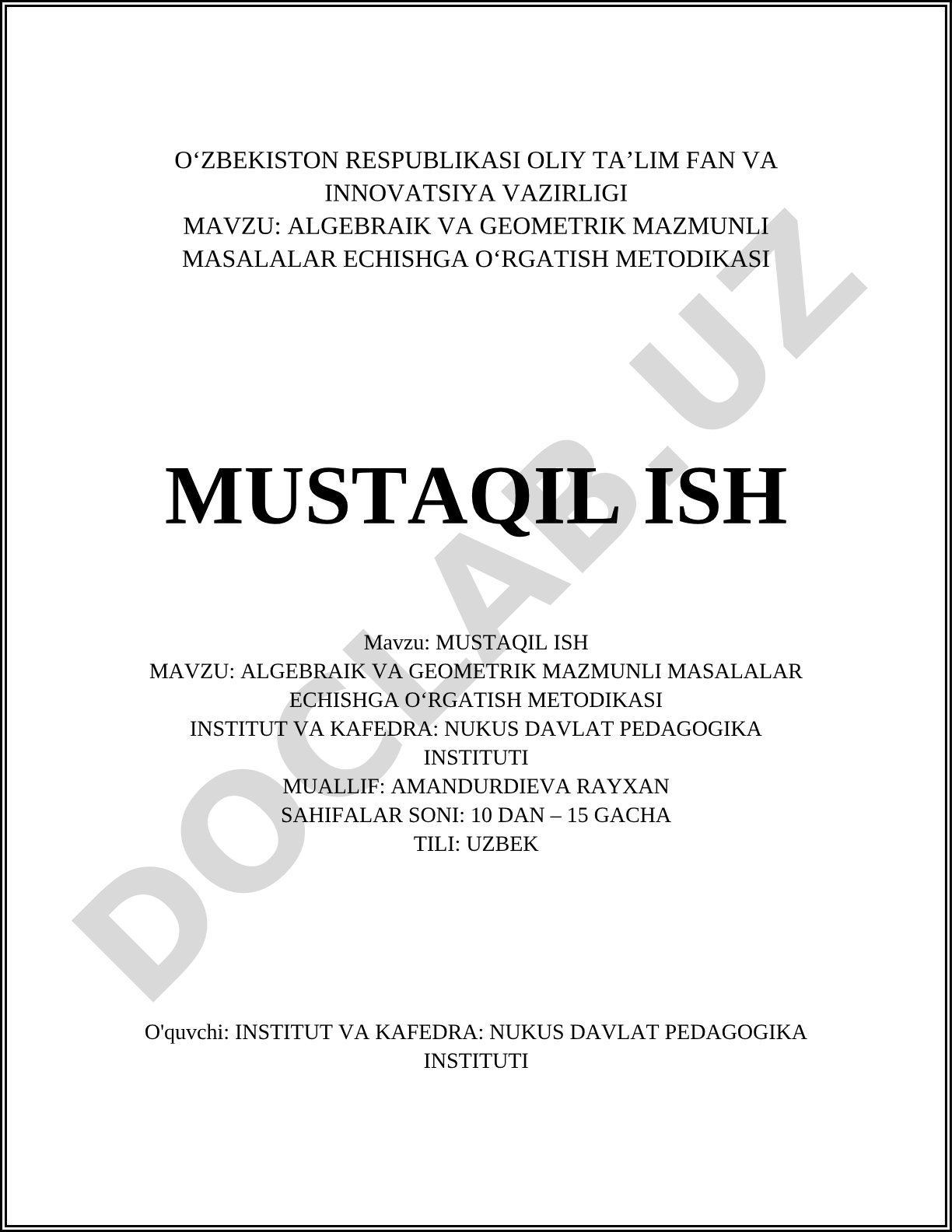 Algebraik va geometrik mazmunli masalalar echishga o'rgatish metodikasi