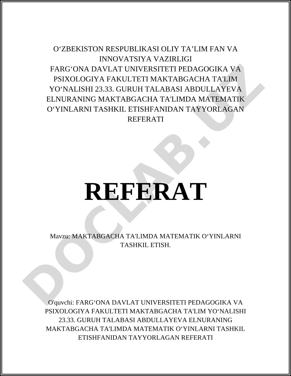 Maktabgacha ta'limda matematik o'yinlarni tashkil etish