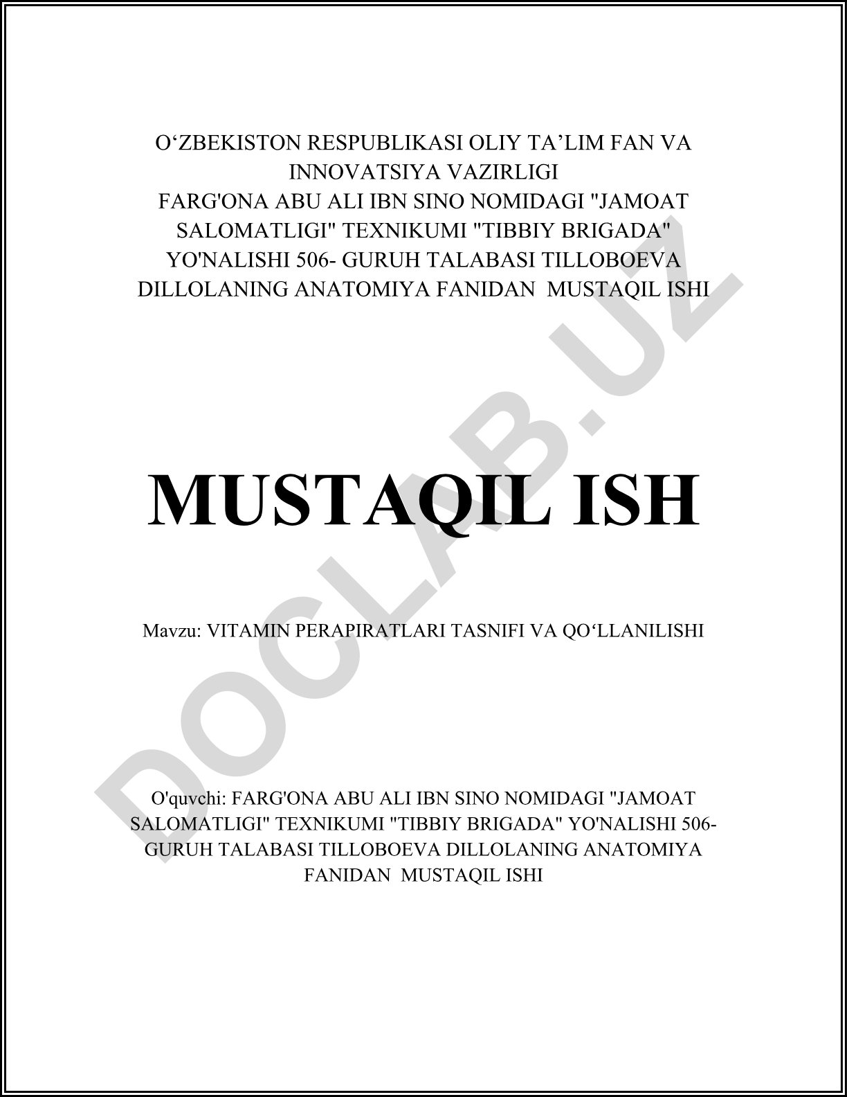 Vitamin preparatlari tasnifi va qoʻllanilishi