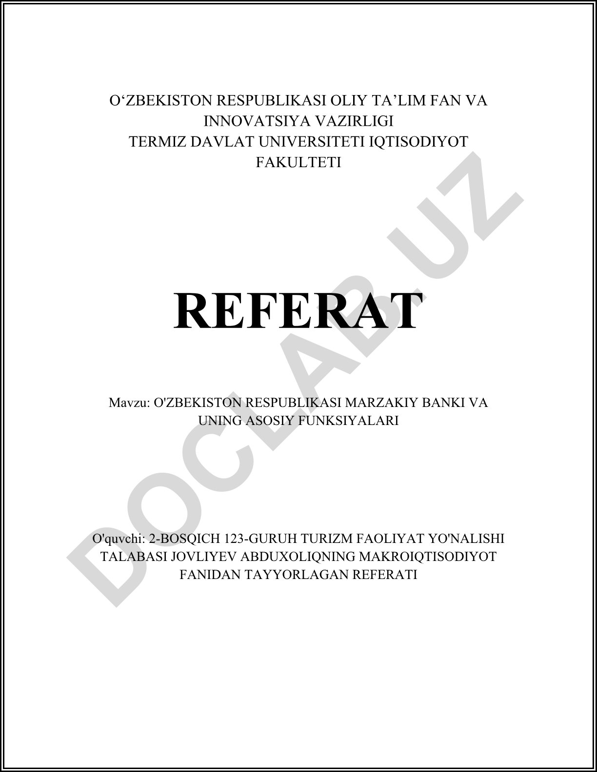 O'zbekiston Respublikasi Markaziy banki va uning asosiy funksiyalari