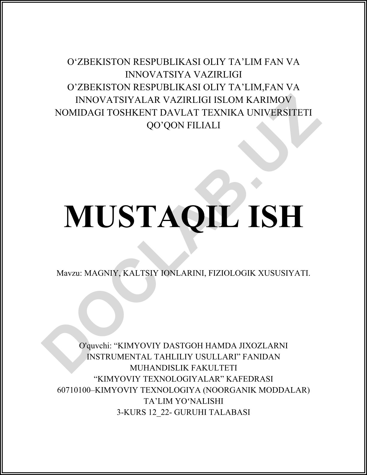 Magniy va kaltsiy ionlarining fiziologik xususiyatlari