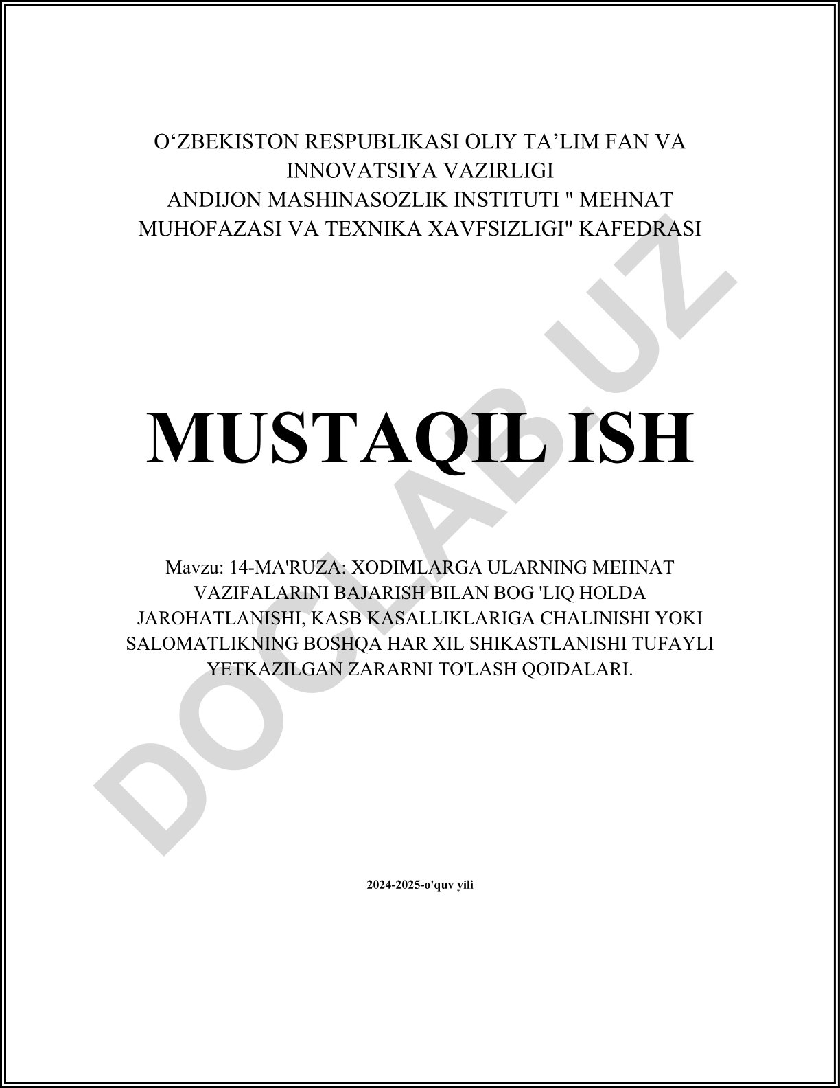 14-MA'RUZA: XODIMLARGA ULARNING MEHNAT VAZIFALARINI BAJARISH BILAN BOG'LIQ HOLDA JAROHATLANISHI, KASB KASALLIKLARIGA CHALINISHI YOKI SALOMATLIKNING BOSHQA HAR XIL SHIKASTLANISHI TUFAYLI YETKAZILGAN ZARARNI TO'LASH QOIDALARI