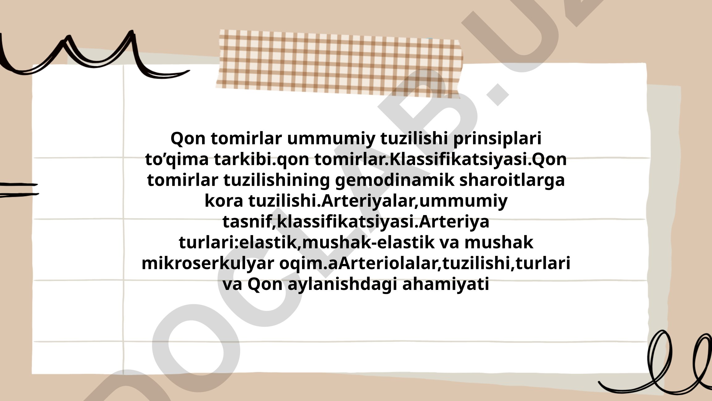 Qon tomirlar tuzilishi, klassifikatsiyasi va gemodinamik sharoitlar
