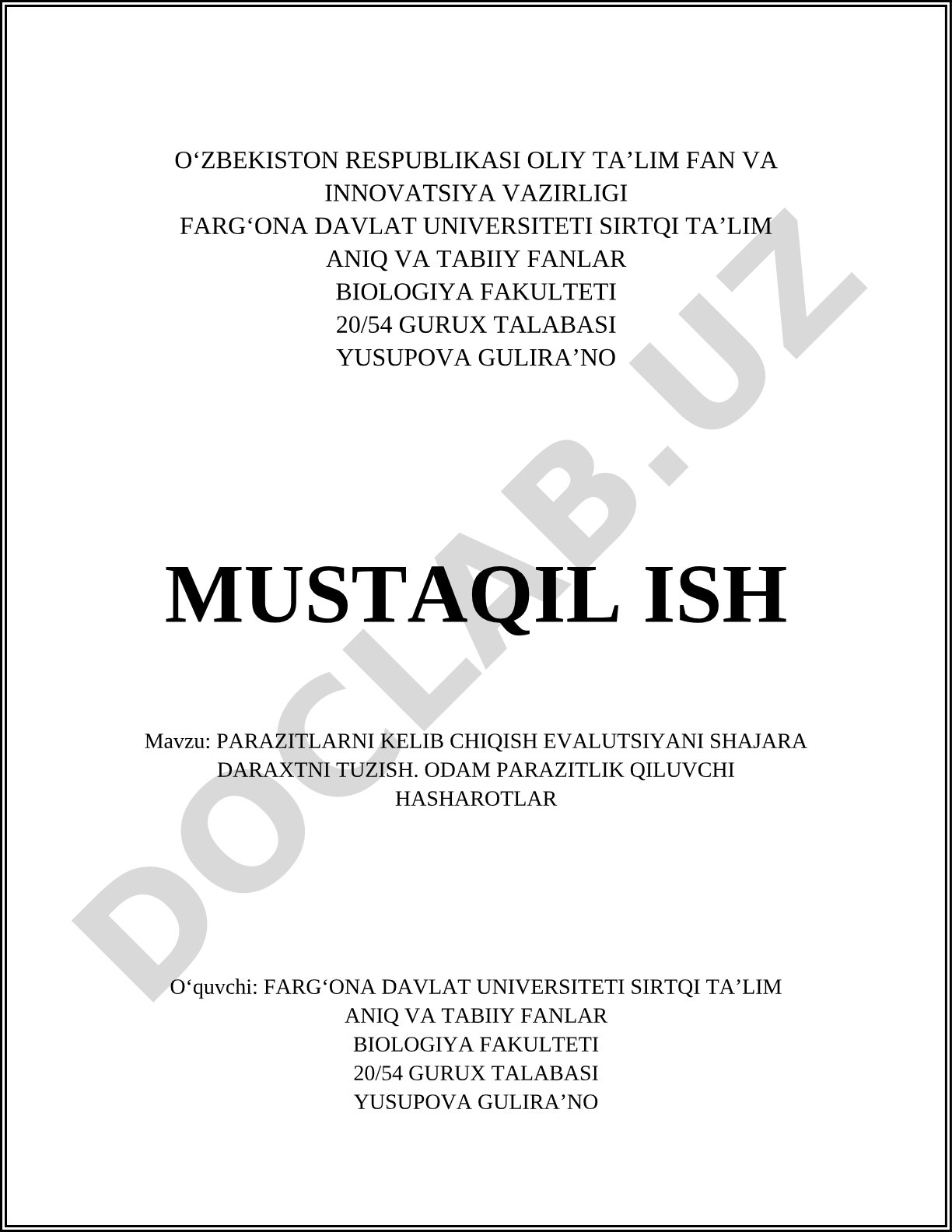 Parazitlarni kelib chiqish evolyutsiyasi va shajara daraxtini tuzish. Odam parazitlik qiluvchi hasharotlar