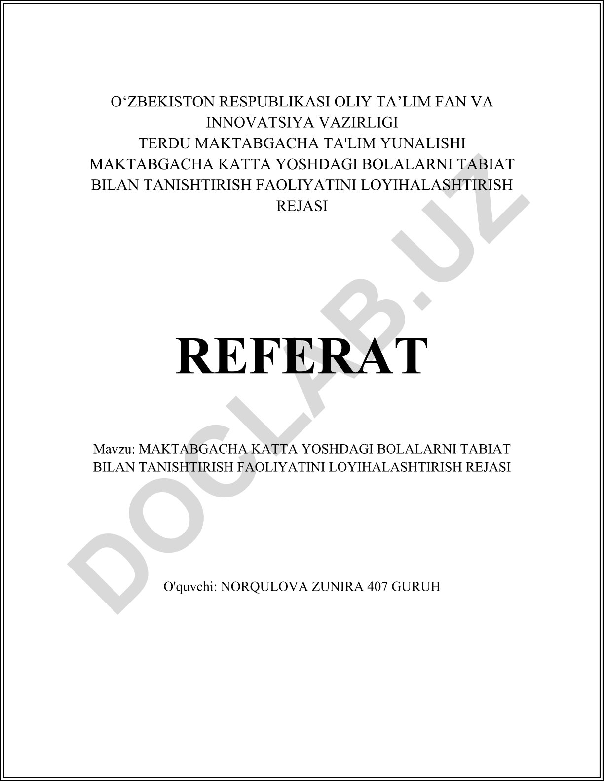 Maktabgacha katta yoshdagi bolalarni tabiat bilan tanishtirish faoliyatini loyihalashtirish rejasi