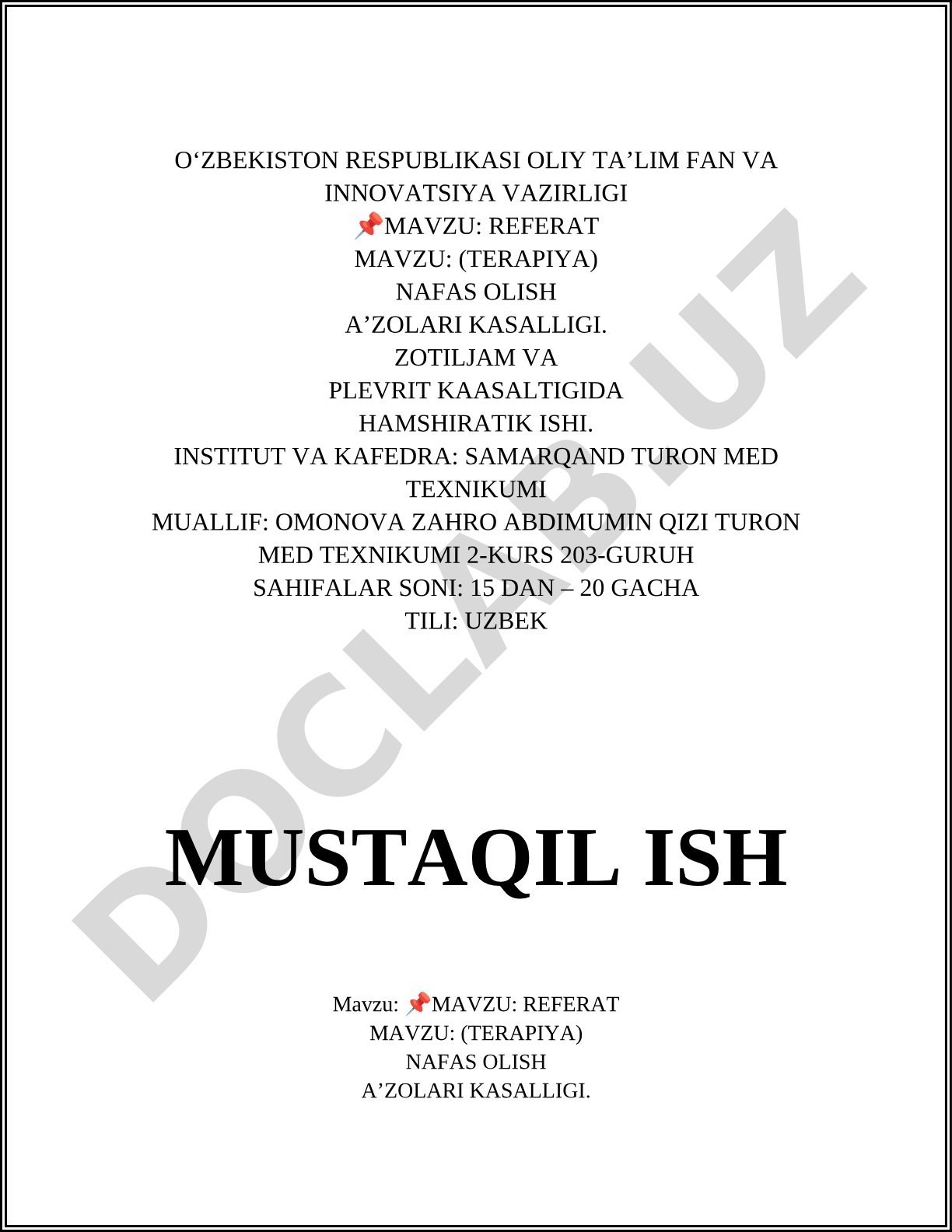 Nafas olish a'zolari kasalligi: zotiljam va plevritda hamshiralik ishi