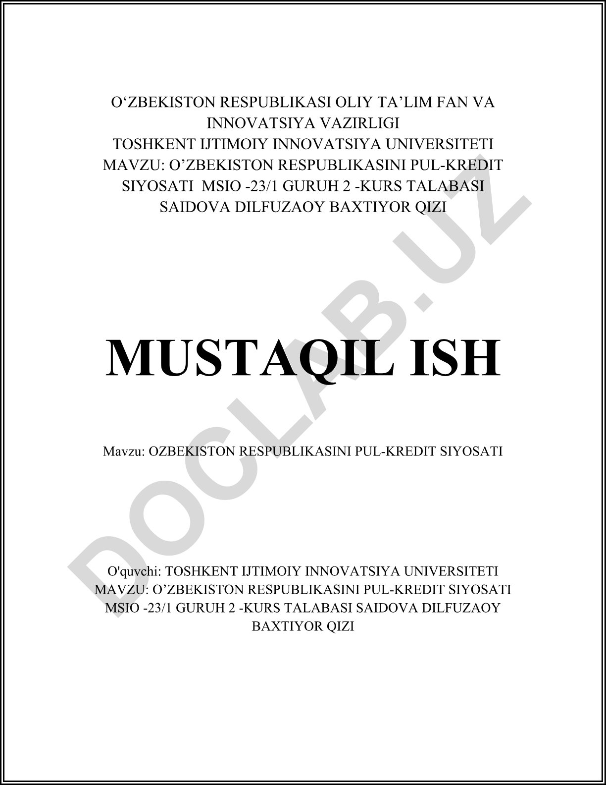 O'zbekiston Respublikasini pul-kredit siyosati