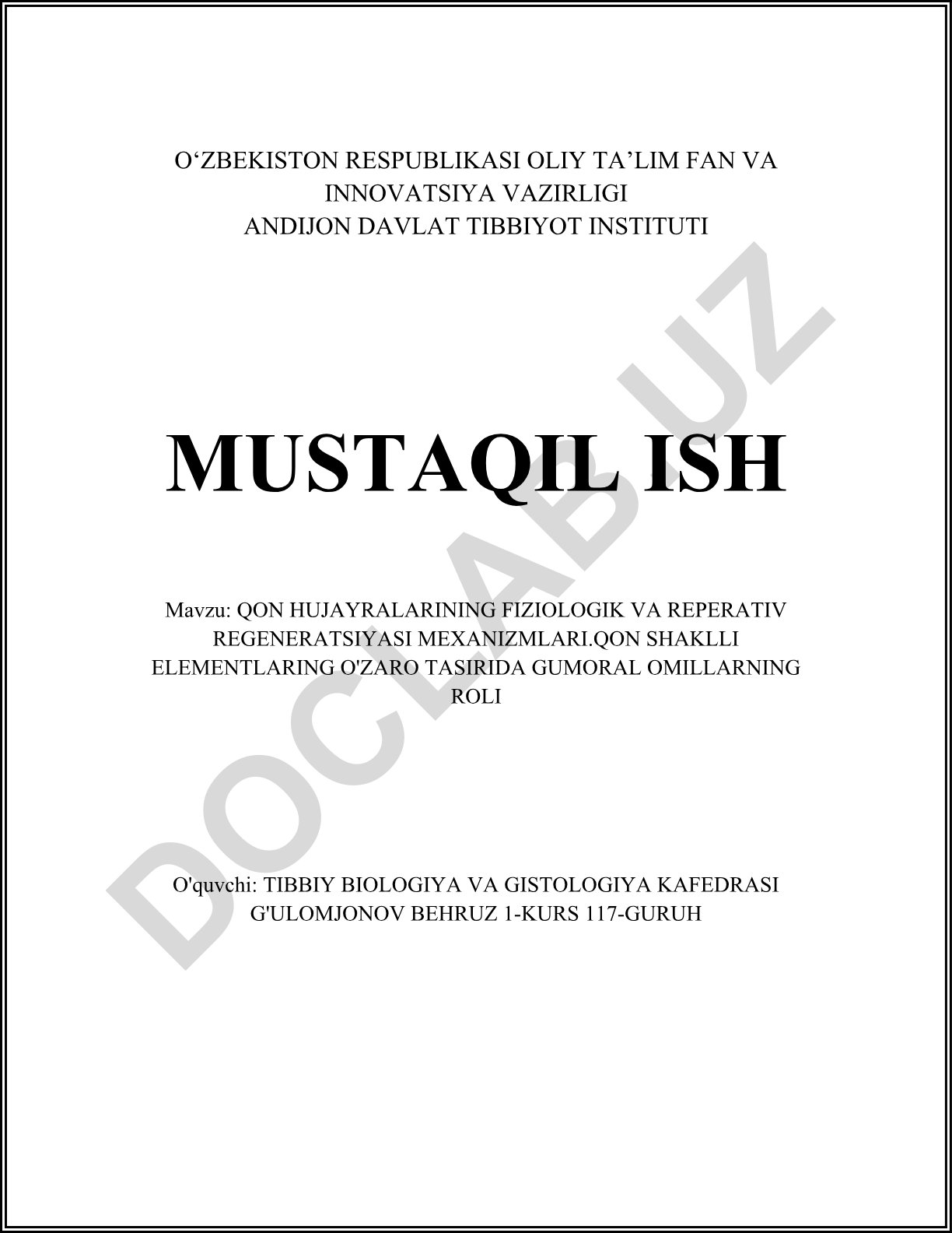 Qon hujayralarining fiziologik va reparativ regeneratsiya mexanizmlari