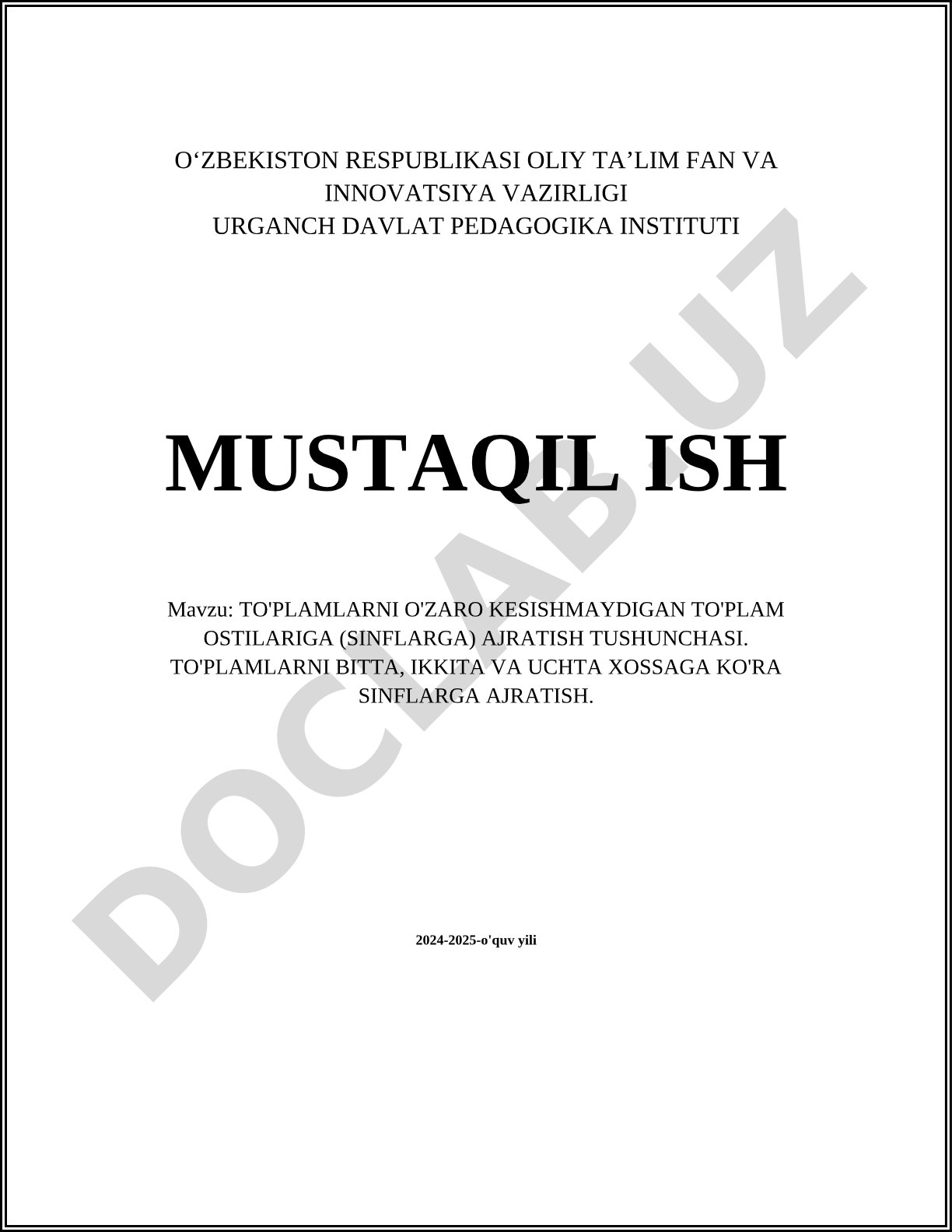 To'plamlarni o'zaro kesishmaydigan to'plam ostilariga (sinflarga) ajratish tushunchasi. To'plamlarni bitta, ikkita va uchta xossaga ko'ra sinflarga ajratish