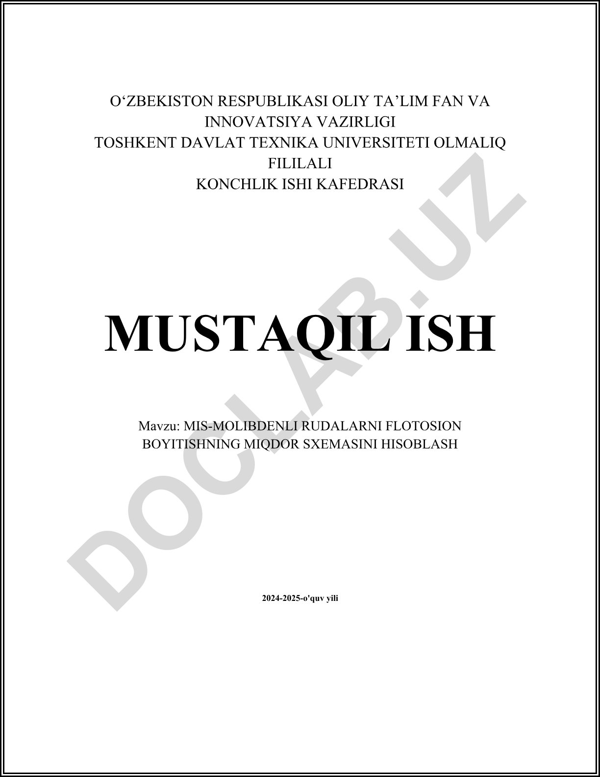 MIS-MOLIBDENLI RUDALARNI FLOTOSION BOYITISHNING MIQDOR SXEMASINI HISOBLASH