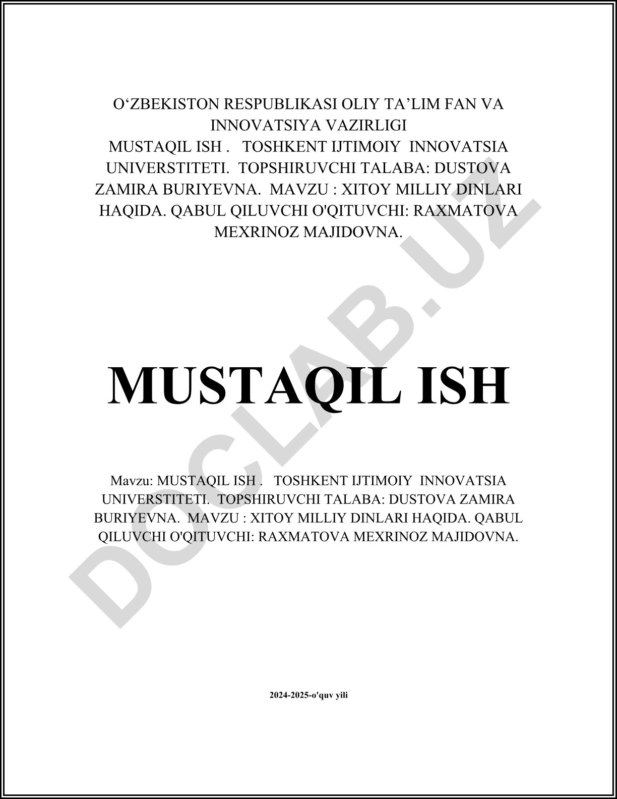 Xitoy milliy dinlari haqida