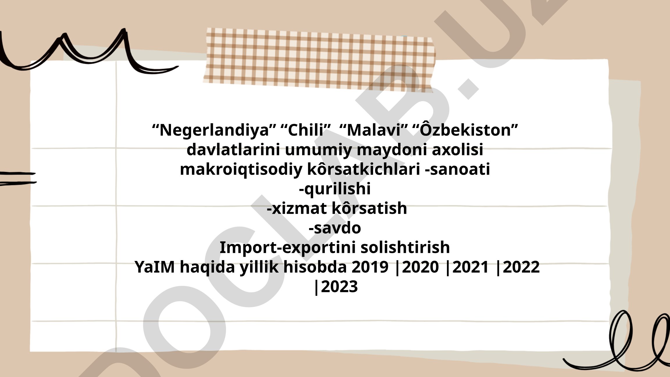 Nigeriya, Chili, Malavi va O'zbekistonning makroiqtisodiy ko'rsatkichlari solishtirishi