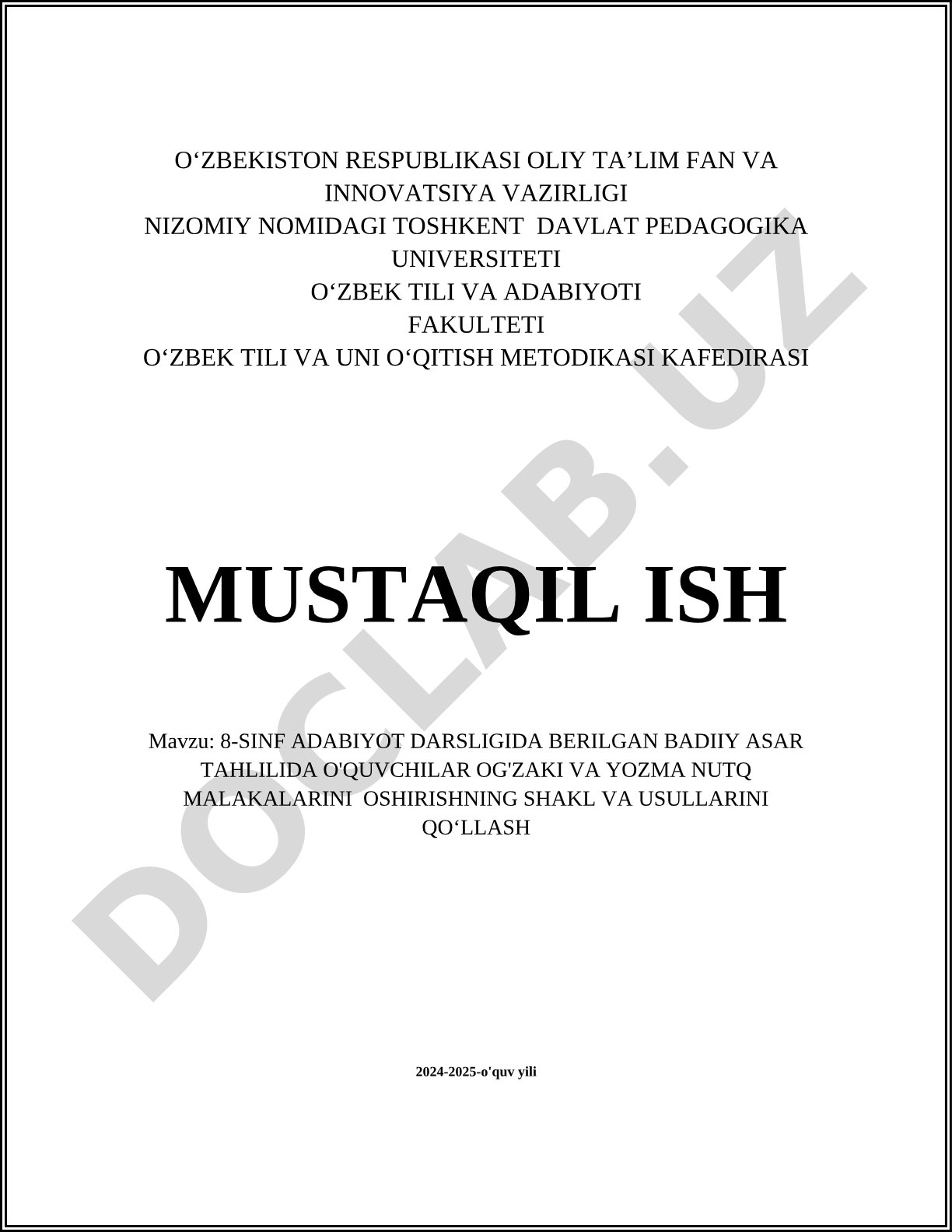 8-sinf adabiyot darsligida berilgan badiiy asar tahlilida o'quvchilar og'zaki va yozma nutq malakalarini oshirishning shakl va usullarini qo'llash