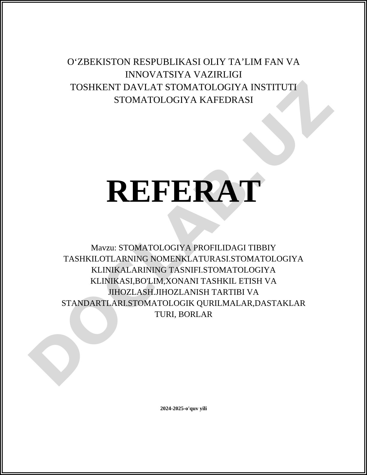 Stomatologiya profilidagi tibbiy tashkilotlarning nomenklaturasi, stomatologiya klinikalarining tasnifi, stomatologiya klinikasi, bo'lim, xonani tashkil etish va jihozlash, jihozlanish tartibi va standartlari, stomatologik qurilmalar, dastaklar turi