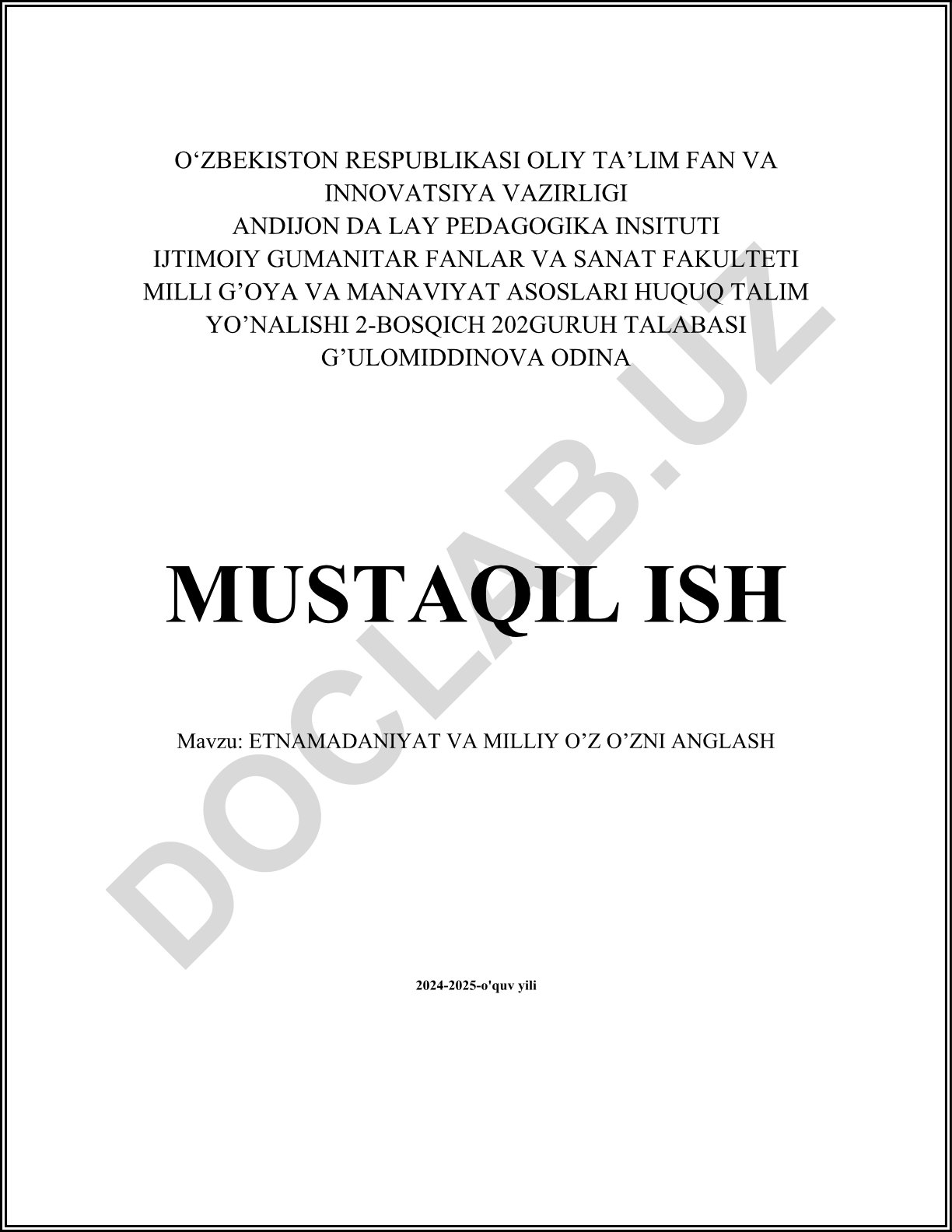 Madaniyat va milliy o'zlikni anglash
