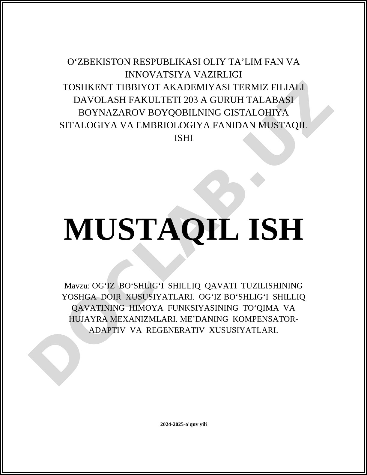 Ogʻiz boʻshligʻi shilliq qavatining yoshga doir xususiyatlari va himoya funksiyalari